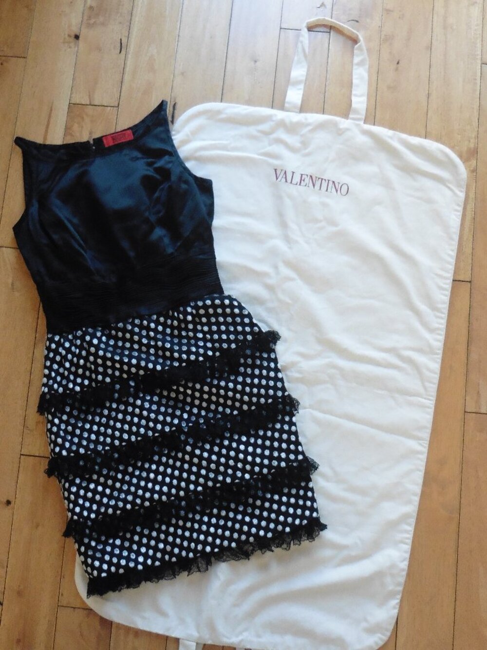 VALENTINO Night VTG Black Satin Ruffles Polka Dots Stunning! Comes w/Fabric Bag